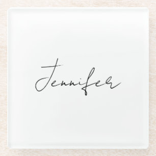 Dessous-de-verre En Verre Calligraphie Elégant Noir Blanc Plaine Nom simple