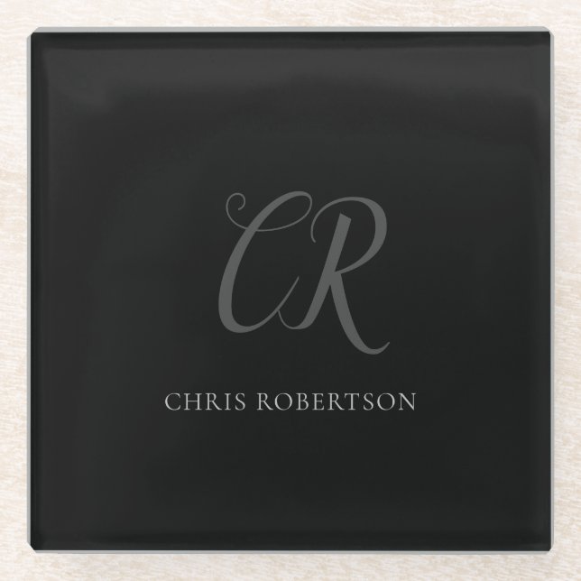 Dessous-de-verre En Verre Calligraphie Monogramme Nom Black Grey Cadeau pers (Devant)