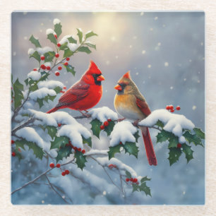 Dessous-de-verre En Verre Cardinaux rouges et Holly en neige