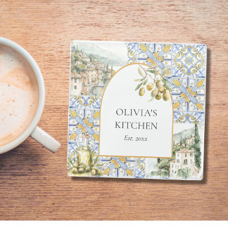 Dessous-de-verre En Verre Carreaux de motif oliviers méditerranéens jaunes e