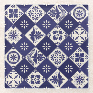 Dessous-de-verre En Verre Carreaux de Talavera Floraux Oiseaux Beige Indigo