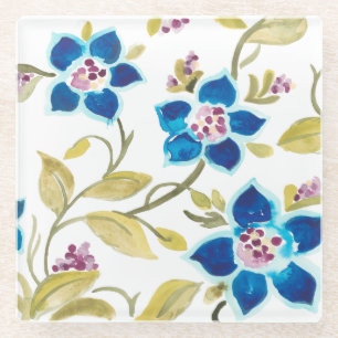 Dessous-de-verre En Verre Carreaux floraux de l'abbaye - Flores bleues