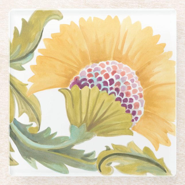 Dessous-de-verre En Verre Carreaux floraux de l'abbaye - Jaune (Devant)