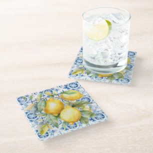 Dessous-de-verre En Verre Carrelage et citrons d'aquarelle italien bleu et b