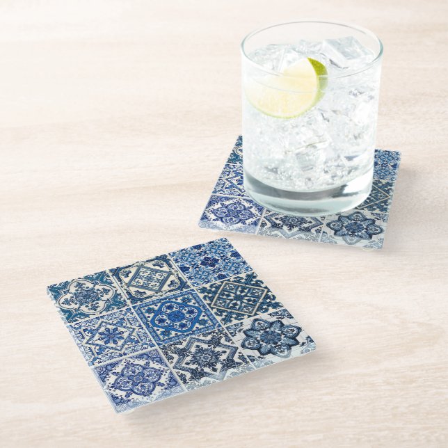 Dessous-de-verre En Verre Carrelage méditerranéen, Portugais, Azulejo, Majol (Incliné)
