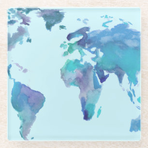 Dessous-de-verre En Verre Carte bleue du monde d'aquarelle