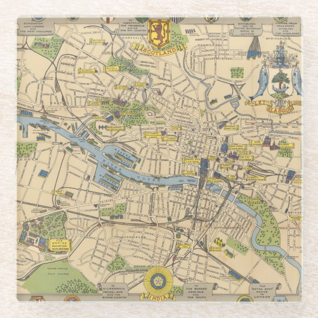 Dessous-de-verre En Verre Carte de Glasgow, Angleterre (Devant)