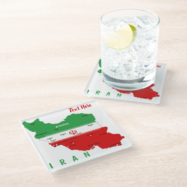 Dessous-de-verre En Verre Carte de l'Iran avec drapeau et emblème (Incliné)