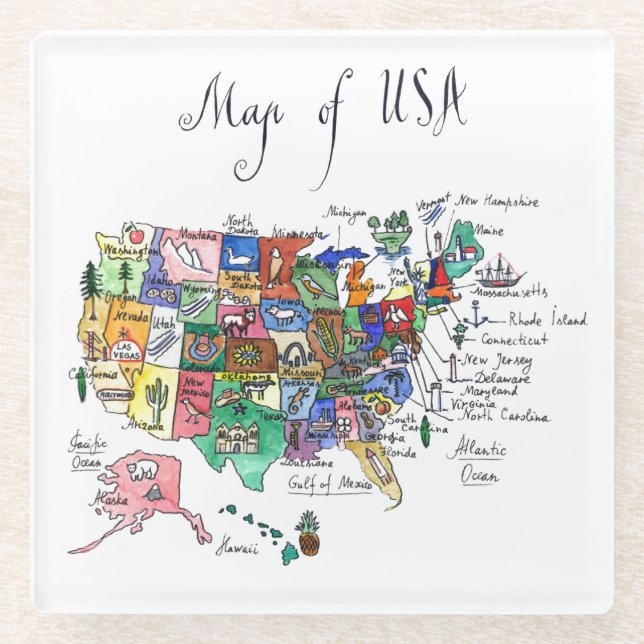 Dessous-de-verre En Verre Carte des attractions des Etats-Unis d'Amérique (Devant)