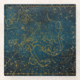 Dessous-de-verre En Verre Carte des étoiles vintage illustrée bleu foncé et 