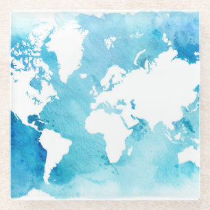 Dessous-de-verre En Verre Carte du monde dans des bleus d'aquarelle