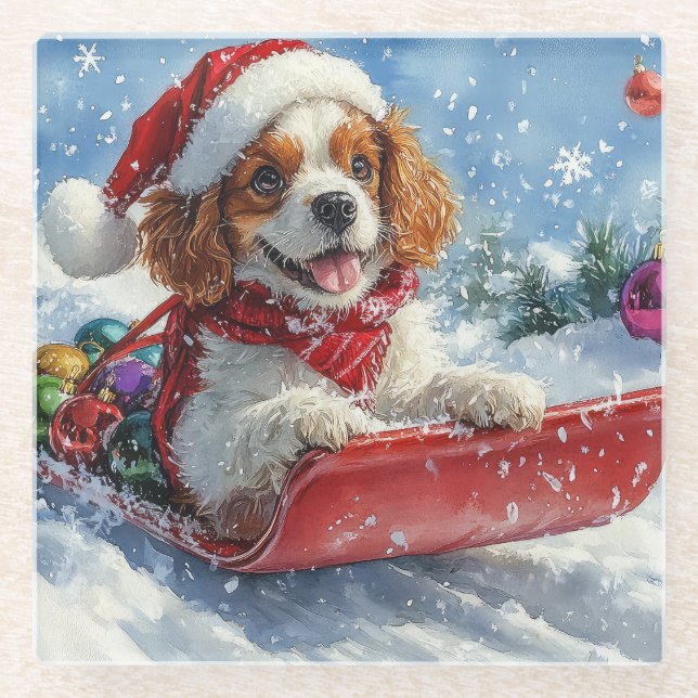 Dessous-de-verre En Verre Cavalier King Charles Spaniel Chien Sledge Noël (Devant)
