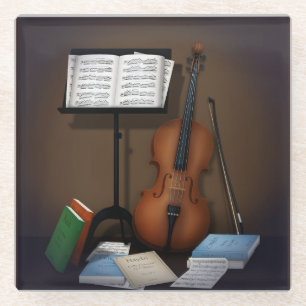Dessous-de-verre En Verre Cello & Musique Stand Charme Miniature Scène