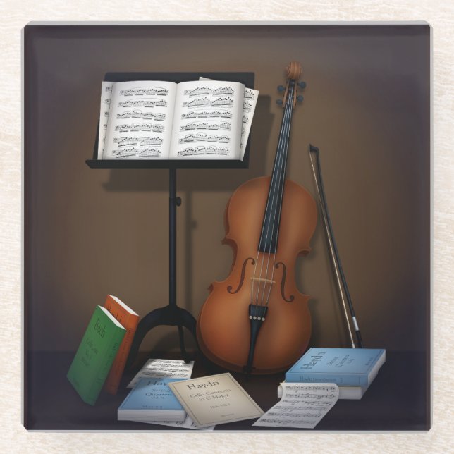 Dessous-de-verre En Verre Cello & Musique Stand Charme Miniature Scène (Devant)