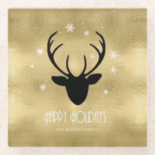 Dessous-de-verre En Verre Cerfs Antlers Silhouette & Flakes Gold ID861