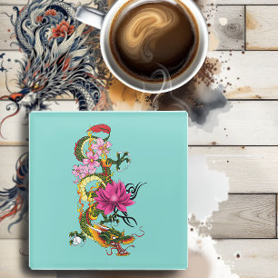 Dessous-de-verre En Verre Ch9inese Dragon Lotus Cherry Blossoms