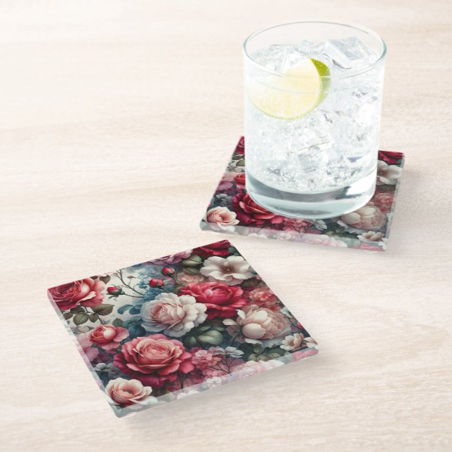 Dessous-de-verre En Verre Charme floral de la rose intemporelle (Incliné)