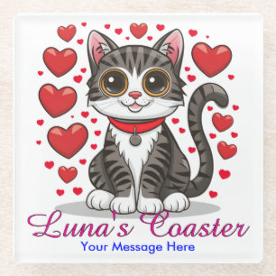 Dessous-de-verre En Verre Chat avec symboles d'amour Clipart-85245