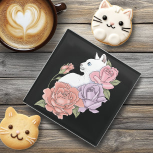 Dessous-de-verre En Verre Chat Blanc Pastel Floral Botanique Romantique Noir