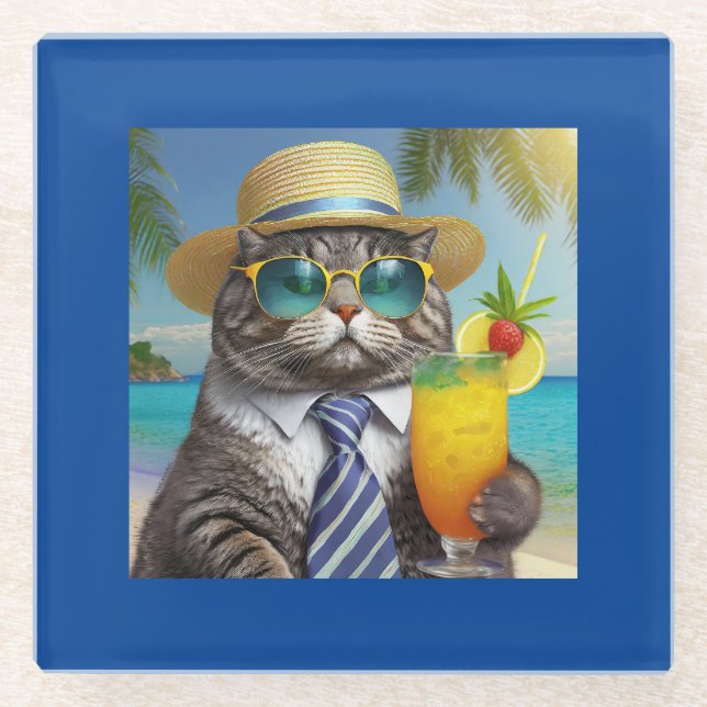 Dessous-de-verre En Verre Chat Cool amusant et boisson tropicale (Devant)