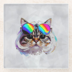 Dessous-de-verre En Verre Chat dans une perruque + Lunettes de soleil (Peint