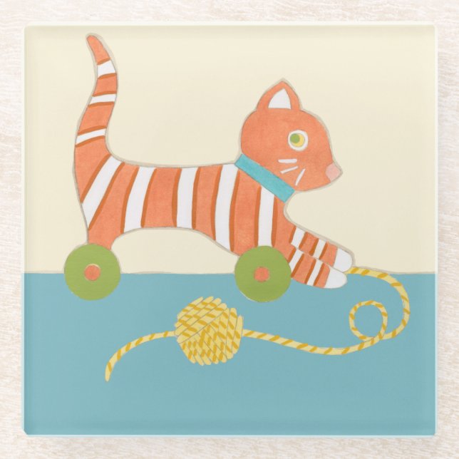 Dessous-de-verre En Verre Chat de jouet rayé avec balle de chaîne (Devant)