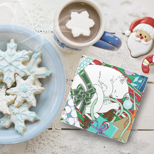 Dessous-de-verre En Verre Chat de Noël blanc