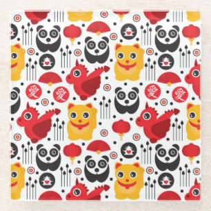 Dessous-de-verre En Verre Chat, dragon, et panda chanceux de la Chine
