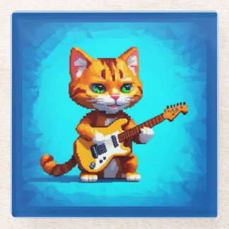 Dessous-de-verre En Verre Chat drôle Jouer de la guitare