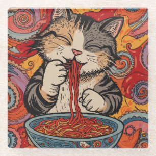 Dessous-de-verre En Verre chat kawaii mangeant des nouilles