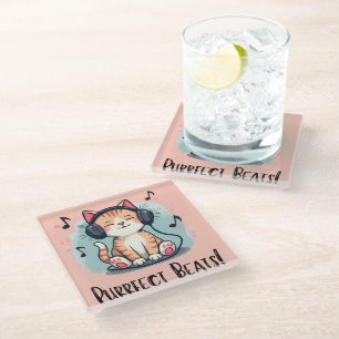 Dessous-de-verre En Verre Chat mignon avec casque Kawaii Music Lover Art