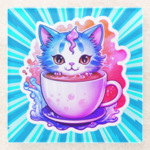 Dessous-de-verre En Verre Chat Mignon Avec Tasse À Café Dessin Animé-94678