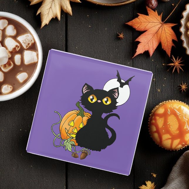 Dessous-de-verre En Verre Chat noir mignon violet Halloween citrouille effra (Créateur téléchargé)
