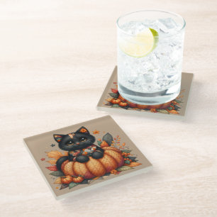 Dessous-de-verre En Verre Chat noir sur Citrouille avec Motif de courtepoint