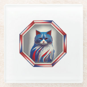 Dessous-de-verre En Verre Chat patriotique rouge blanc & bleu dans un cadre