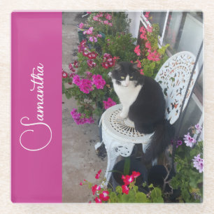 Dessous-de-verre En Verre Chat Smoking Fleurs et Filles Nom Rose Foncé
