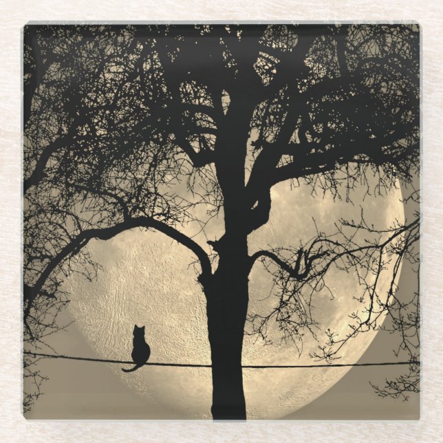 Dessous-de-verre En Verre Chat sur un fil pleine lune (Devant)