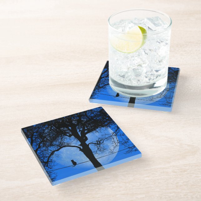 Dessous-de-verre En Verre Chat sur une lune bleue fil (Incliné)