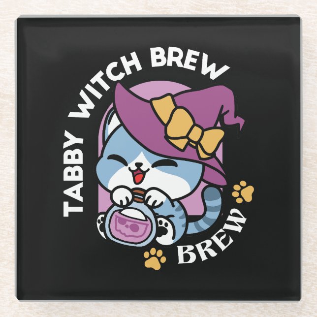 Dessous-de-verre En Verre Chat Tabby Halloween – Chapeau de Sorcière & Art d (Devant)