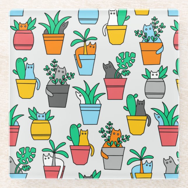Dessous-de-verre En Verre Chats dans les pots à fleurs (Devant)