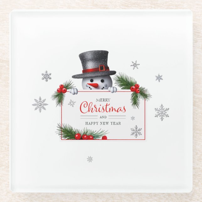 Dessous-de-verre En Verre Cheerful Snowman Christmas New Year Greetings (Devant)
