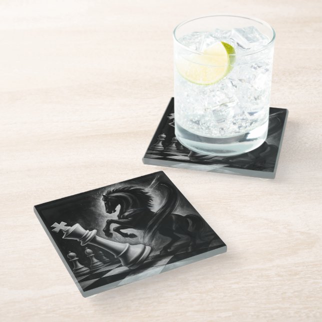 Dessous-de-verre En Verre Cheval Noir Dramatique vs Roi - Oeuvre audacieuse  (Incliné)