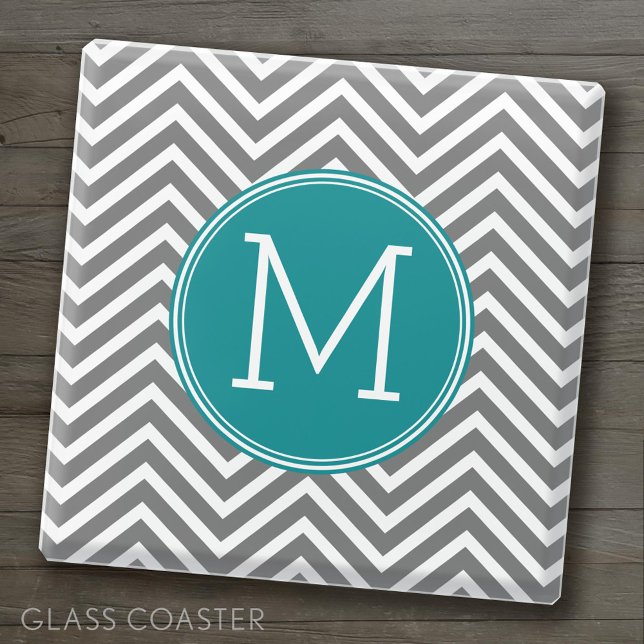 Dessous-de-verre En Verre Chevrons gris et Turquoises - Monogramme personnal (Custom Coaster)