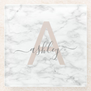 Dessous-de-verre En Verre Chic Blush Pink White Marble Script Nom monogram