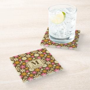 Dessous-de-verre En Verre Chic Retro les années 70 Super Hippie Flower Monog