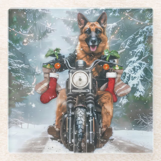 Dessous-de-verre En Verre Chien berger allemand équitation moto Noël (Devant)