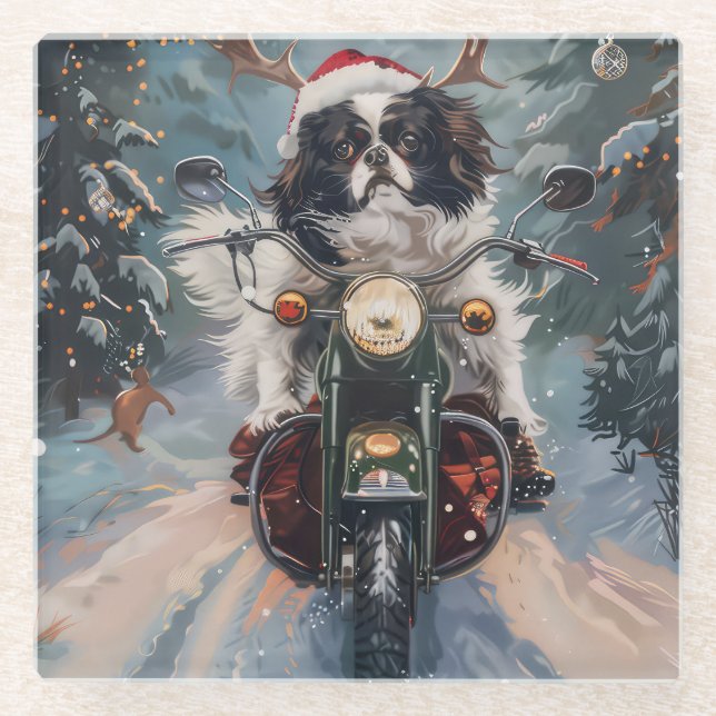 Dessous-de-verre En Verre Chien Chin japonais équitation moto Noël (Devant)