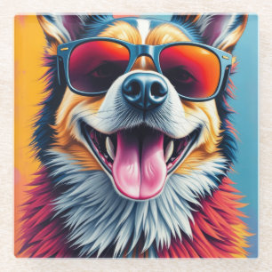 Dessous-de-verre En Verre Chien Coloré avec des Lunettes de Soleil