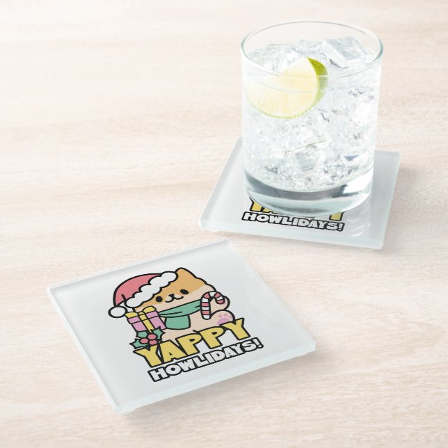 Dessous-de-verre En Verre Chien de Noël mignon - Yappy Howlidays (Incliné)
