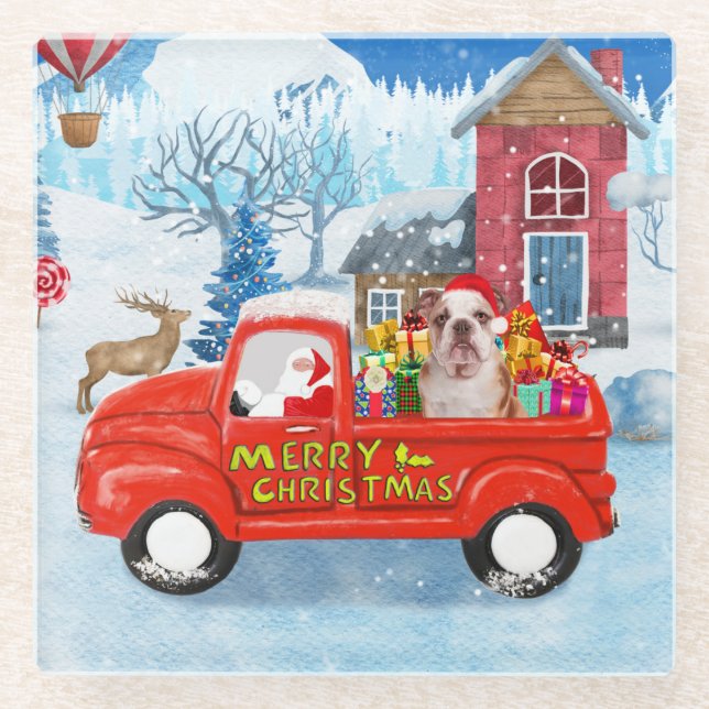 Dessous-de-verre En Verre Chien de taureau anglais dans la livraison de Noël (Devant)